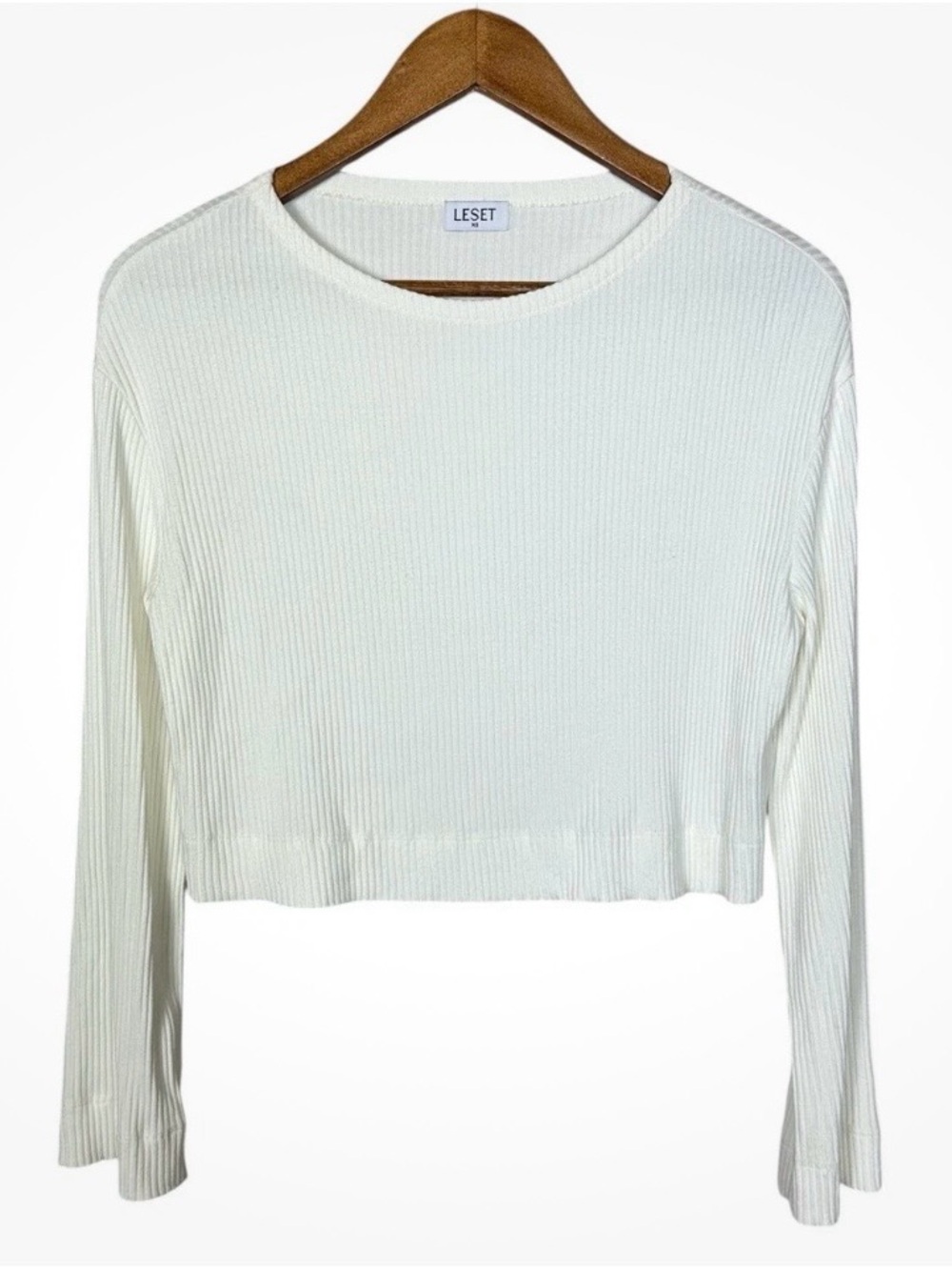 LESET White Ribbed Cropped Long-Sleeve Top Size XS